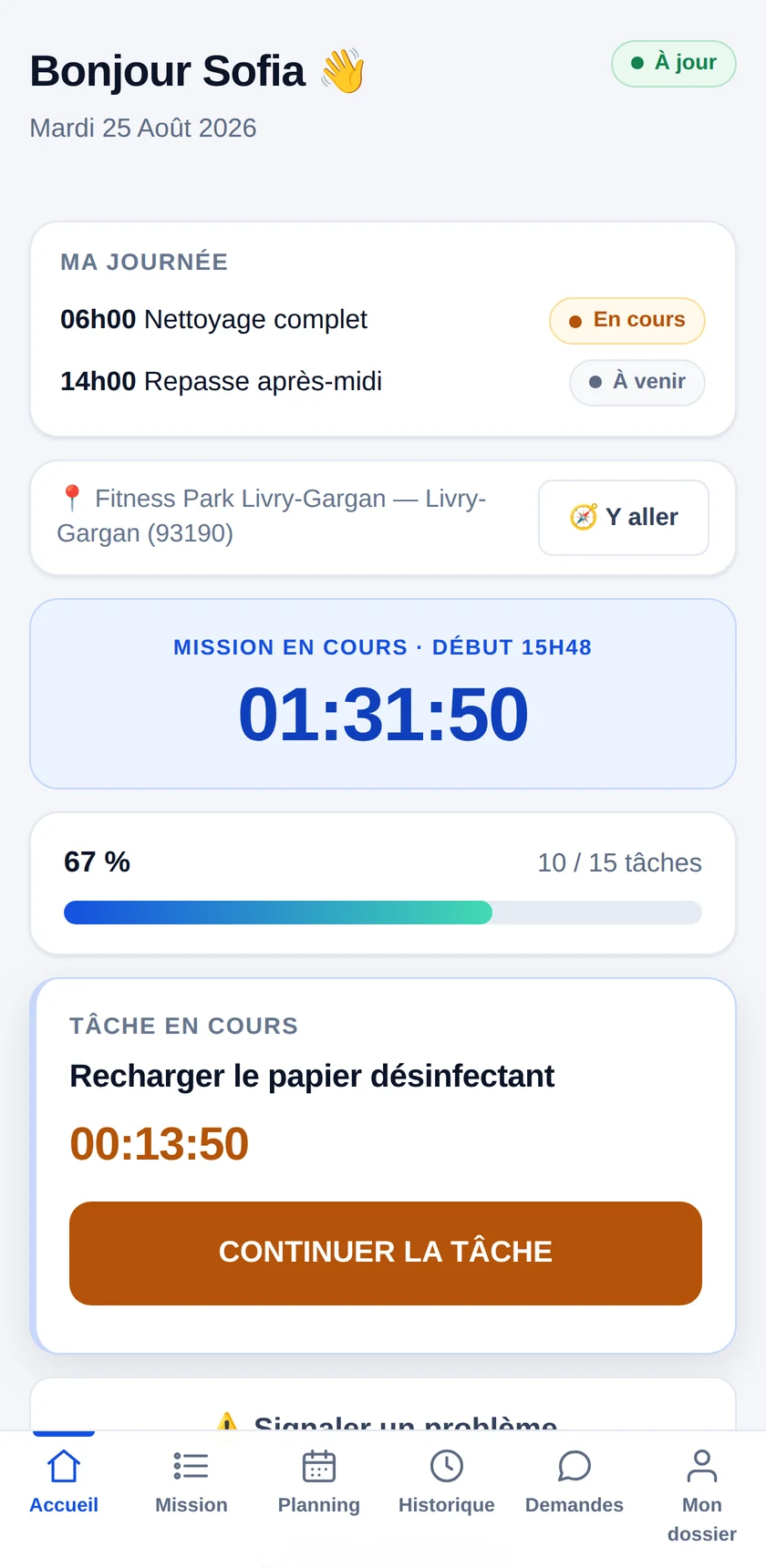 L'application agent sur téléphone : la mission du jour, tâche par tâche.