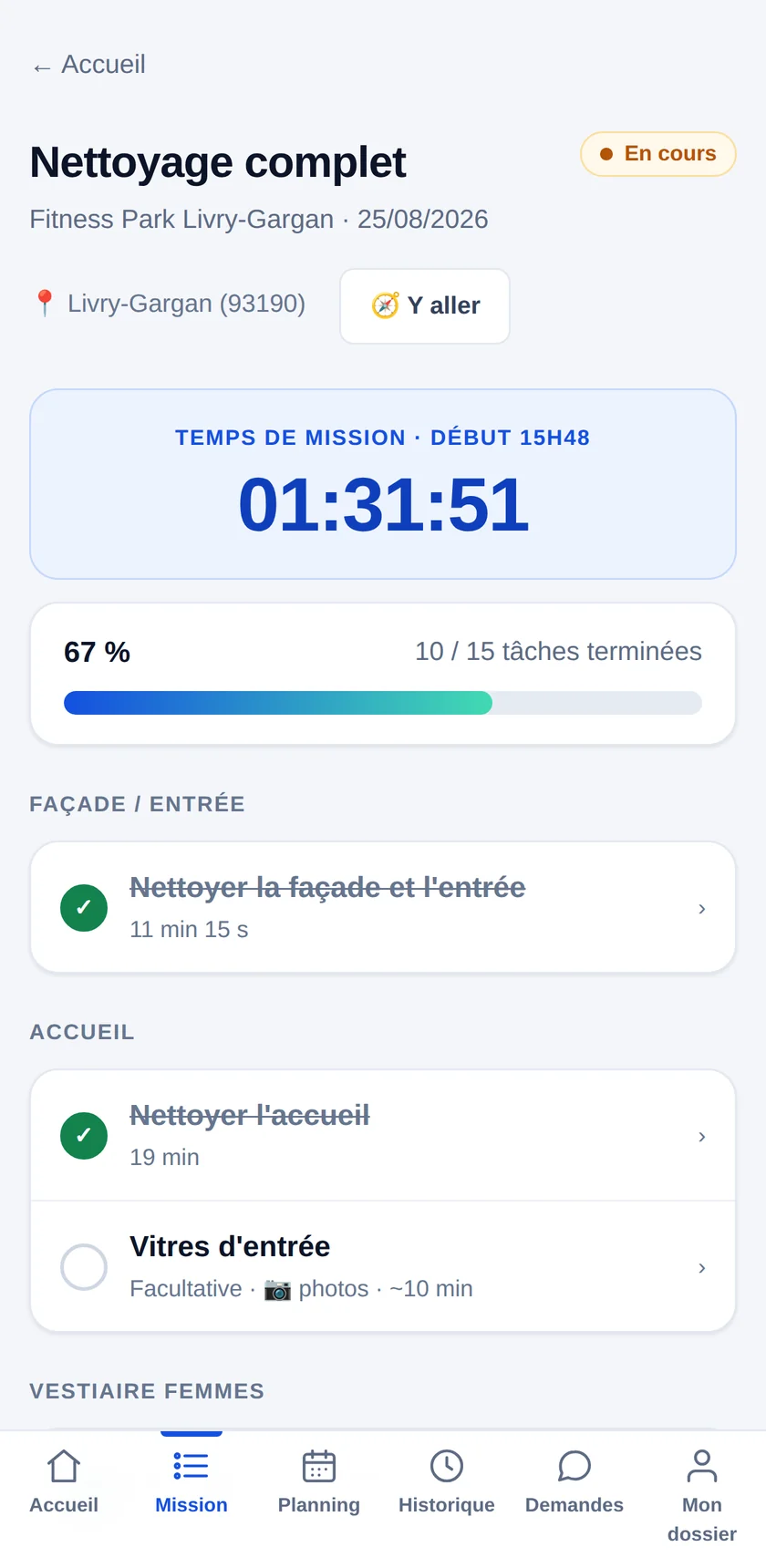 L'écran d'une mission côté agent, avec ses tâches et ses photos.